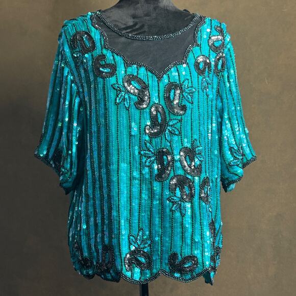 Royal Feelings Vintage Silk Sequin Beaded Top XL Teal Black Evening Party Blouse - Picture 2 of 15